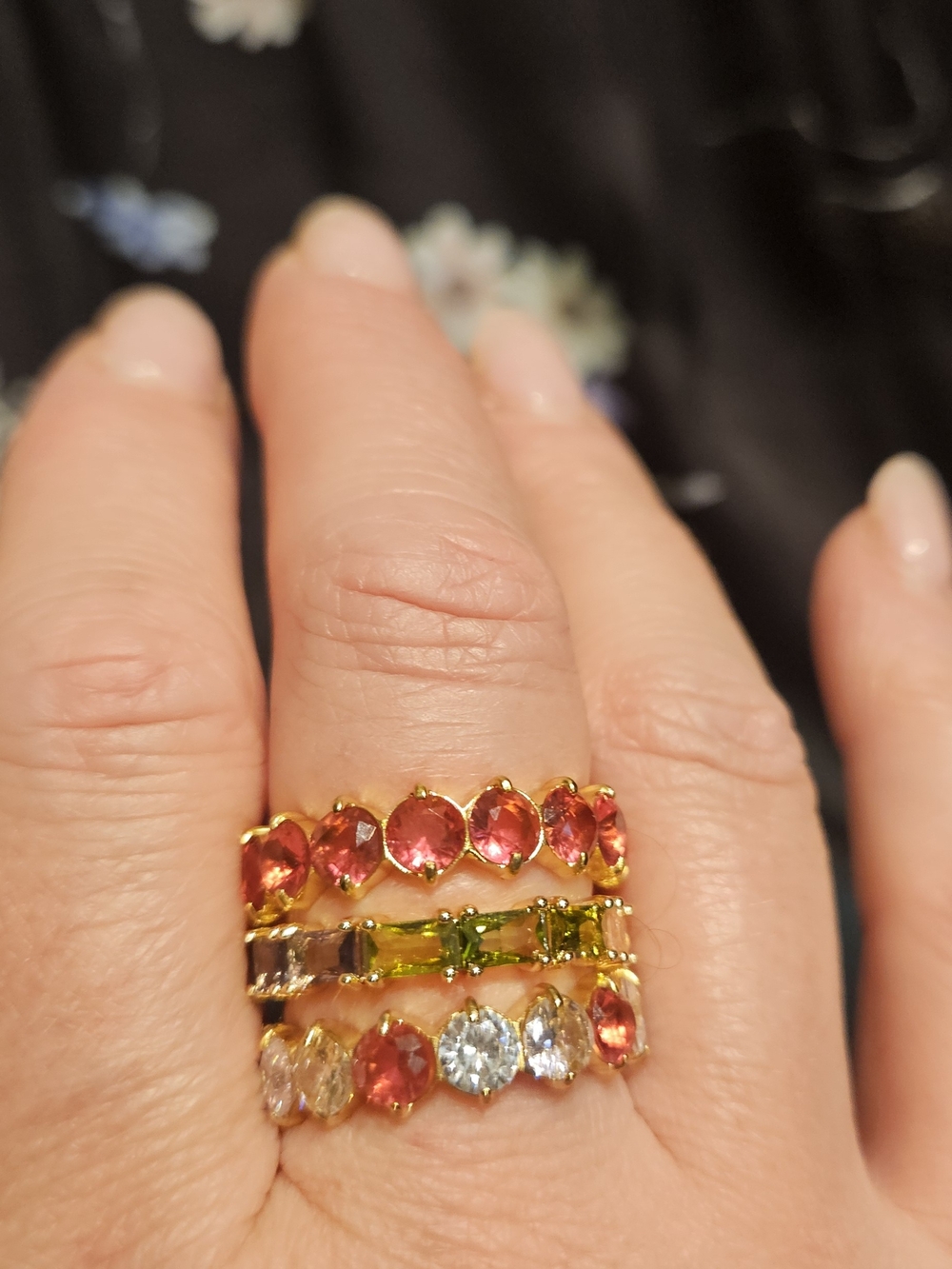 Gold-Plated Pink & Clear Crystal Stackable Rings - Picture 5 of 6